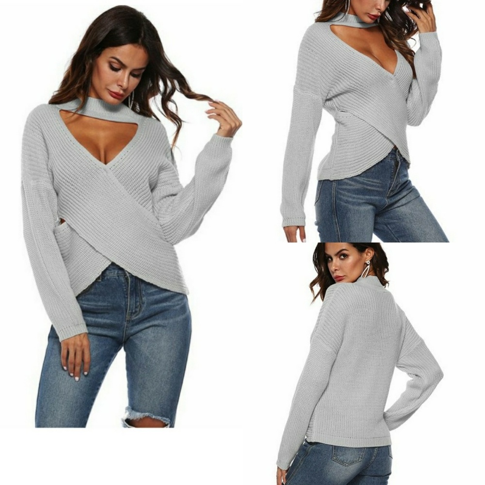 Irregular Cross Pattern V Neck Long Sleeve Sweater